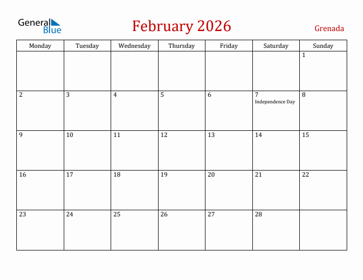 Grenada February 2026 Calendar - Monday Start