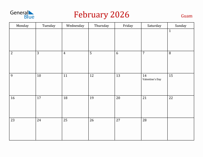 Guam February 2026 Calendar - Monday Start