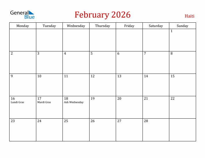 Haiti February 2026 Calendar - Monday Start