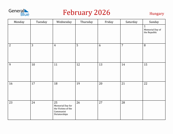 Hungary February 2026 Calendar - Monday Start