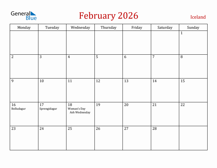 Iceland February 2026 Calendar - Monday Start