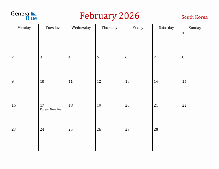 South Korea February 2026 Calendar - Monday Start