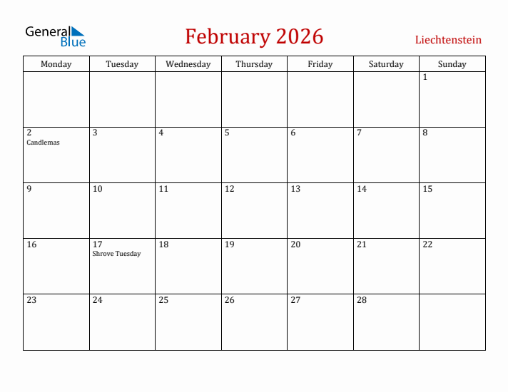Liechtenstein February 2026 Calendar - Monday Start
