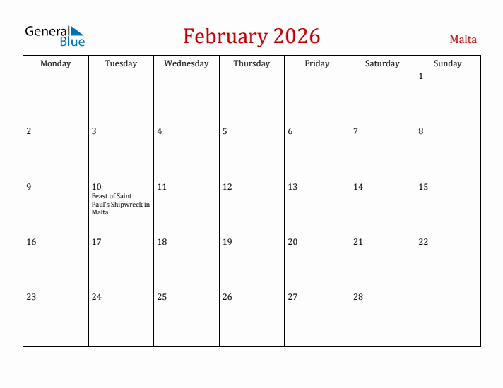 Malta February 2026 Calendar - Monday Start