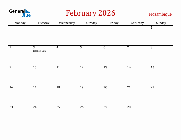 Mozambique February 2026 Calendar - Monday Start