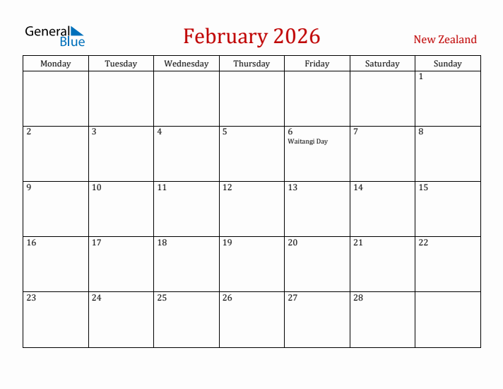 New Zealand February 2026 Calendar - Monday Start