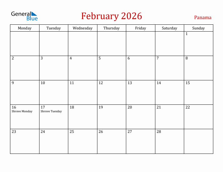 Panama February 2026 Calendar - Monday Start