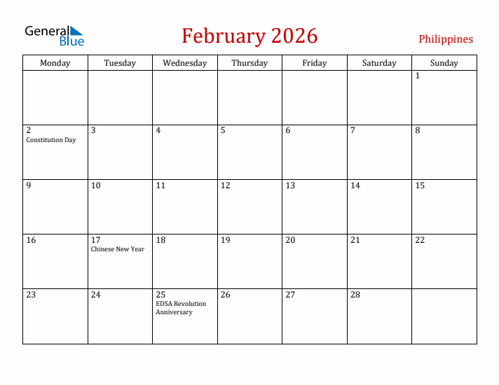 Philippines February 2026 Calendar - Monday Start