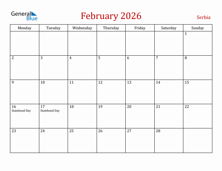 Serbia February 2026 Calendar - Monday Start