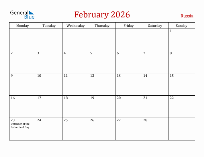 Russia February 2026 Calendar - Monday Start