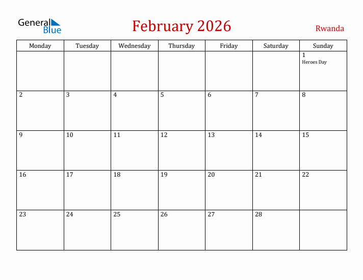 Rwanda February 2026 Calendar - Monday Start