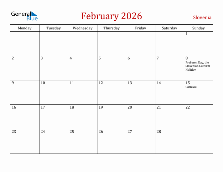 Slovenia February 2026 Calendar - Monday Start