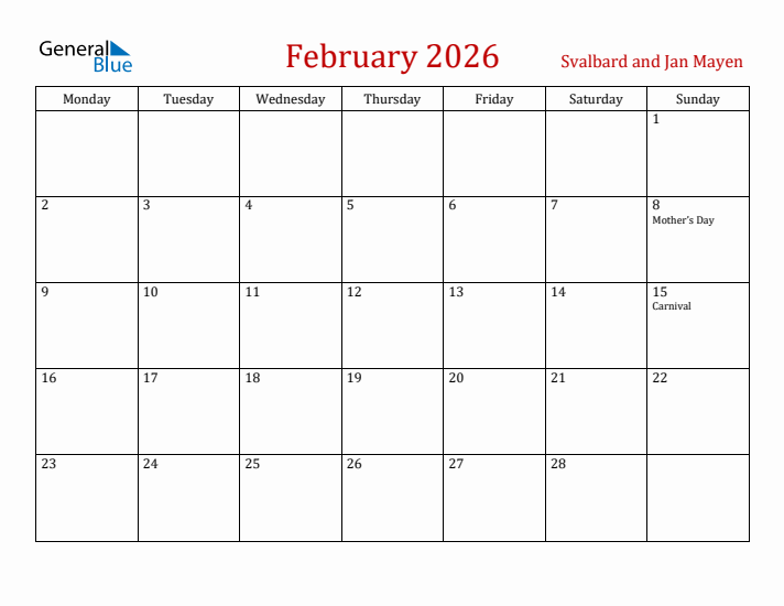 Svalbard and Jan Mayen February 2026 Calendar - Monday Start