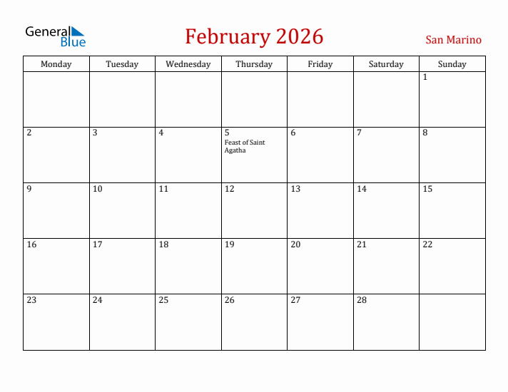 San Marino February 2026 Calendar - Monday Start