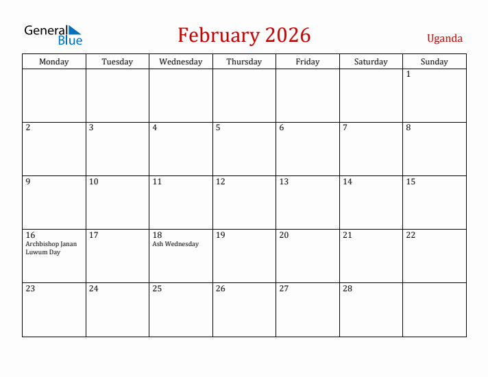 Uganda February 2026 Calendar - Monday Start