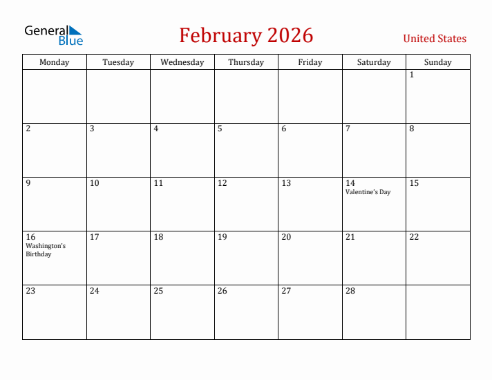 United States February 2026 Calendar - Monday Start