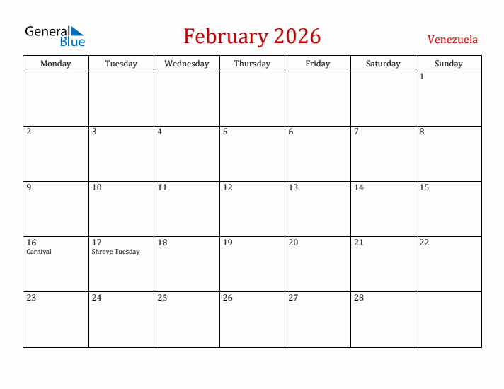 Venezuela February 2026 Calendar - Monday Start