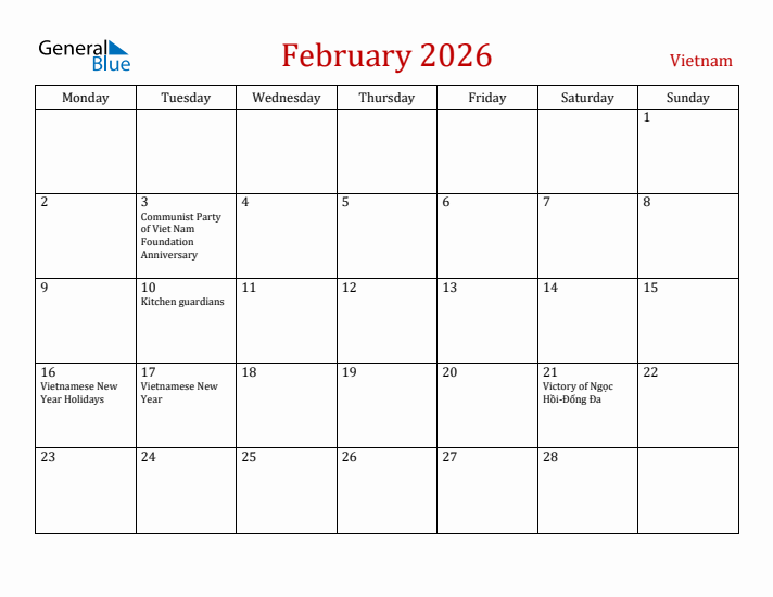 Vietnam February 2026 Calendar - Monday Start