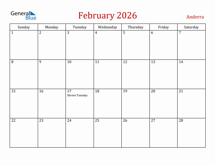 Andorra February 2026 Calendar - Sunday Start
