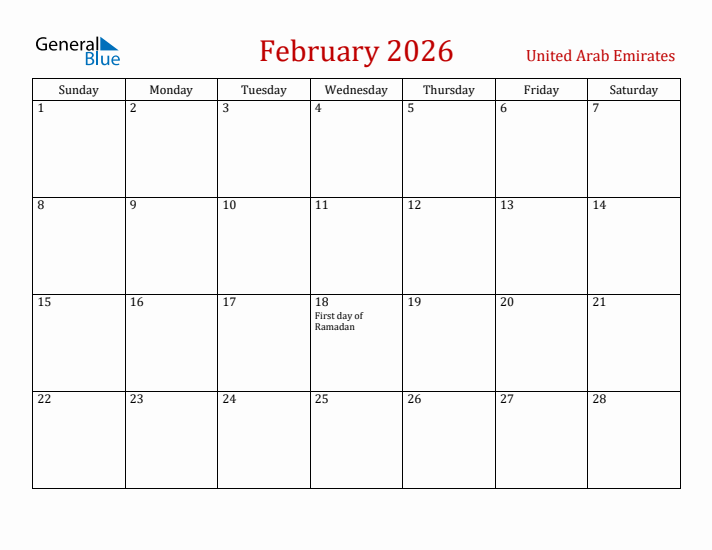 United Arab Emirates February 2026 Calendar - Sunday Start