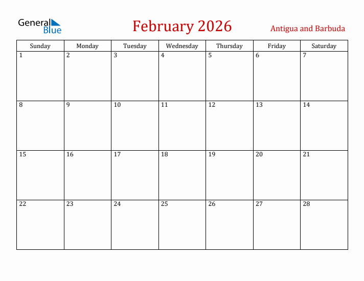 Antigua and Barbuda February 2026 Calendar - Sunday Start