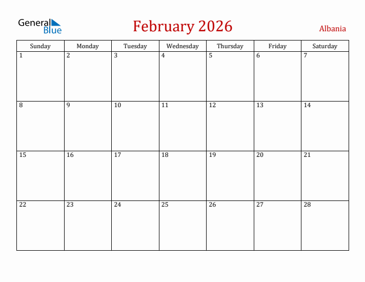 Albania February 2026 Calendar - Sunday Start