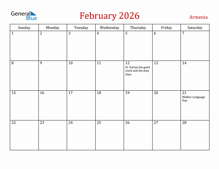 Armenia February 2026 Calendar - Sunday Start