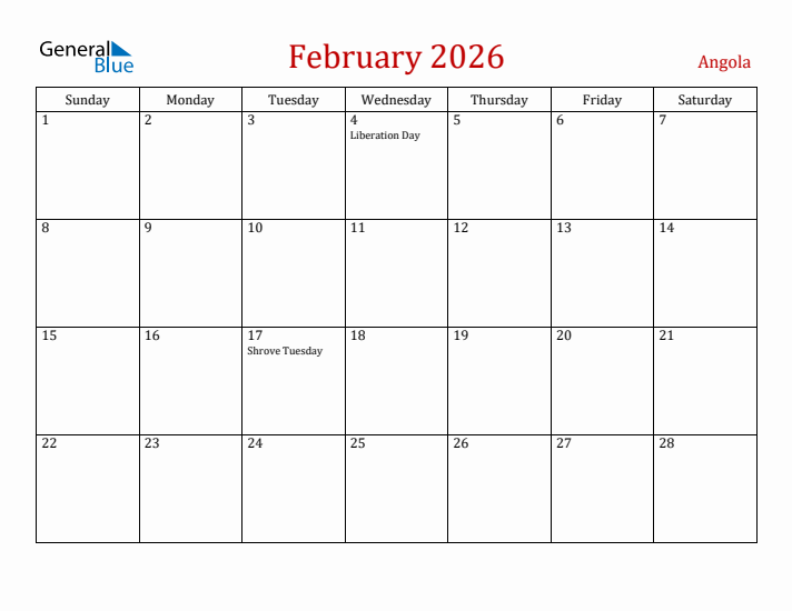 Angola February 2026 Calendar - Sunday Start