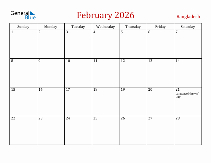 Bangladesh February 2026 Calendar - Sunday Start