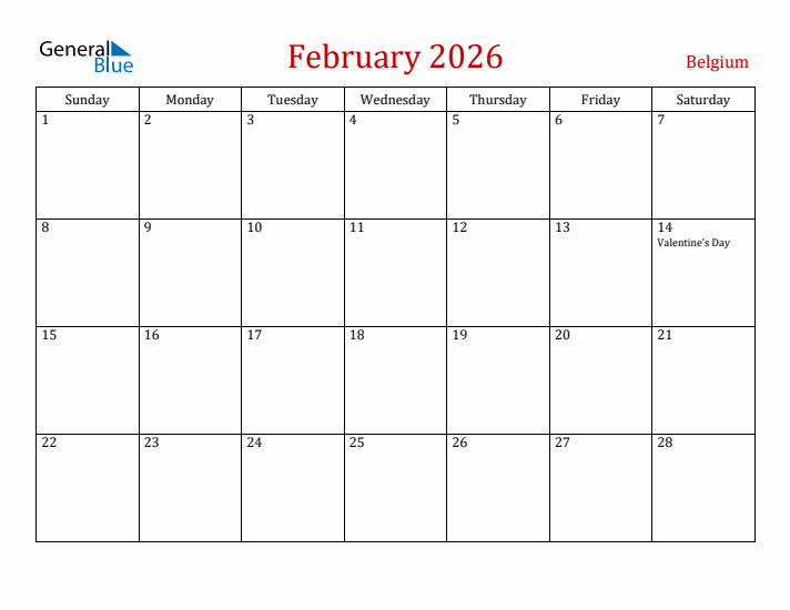Belgium February 2026 Calendar - Sunday Start