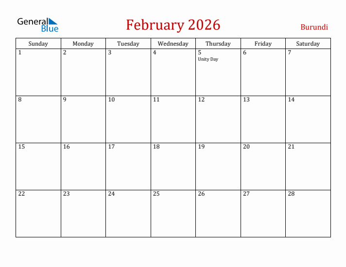 Burundi February 2026 Calendar - Sunday Start