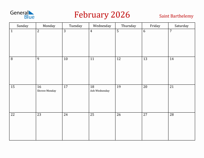 Saint Barthelemy February 2026 Calendar - Sunday Start