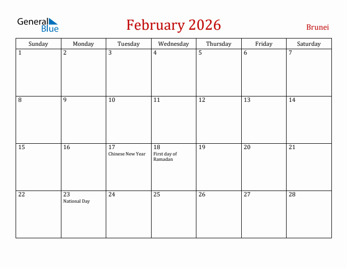 Brunei February 2026 Calendar - Sunday Start