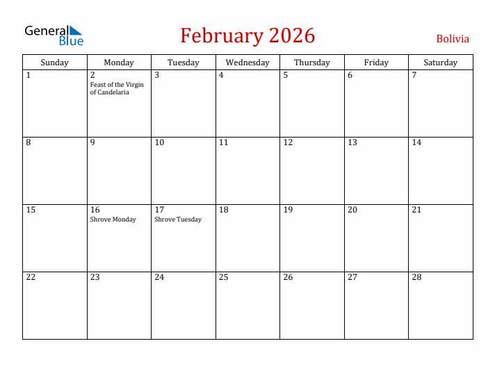 Bolivia February 2026 Calendar - Sunday Start