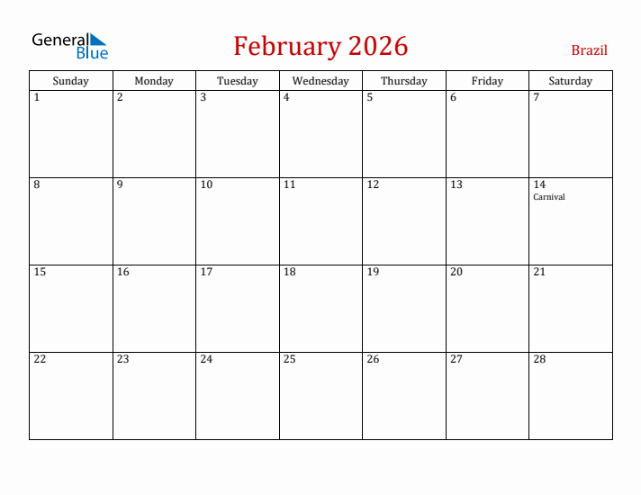 Brazil February 2026 Calendar - Sunday Start