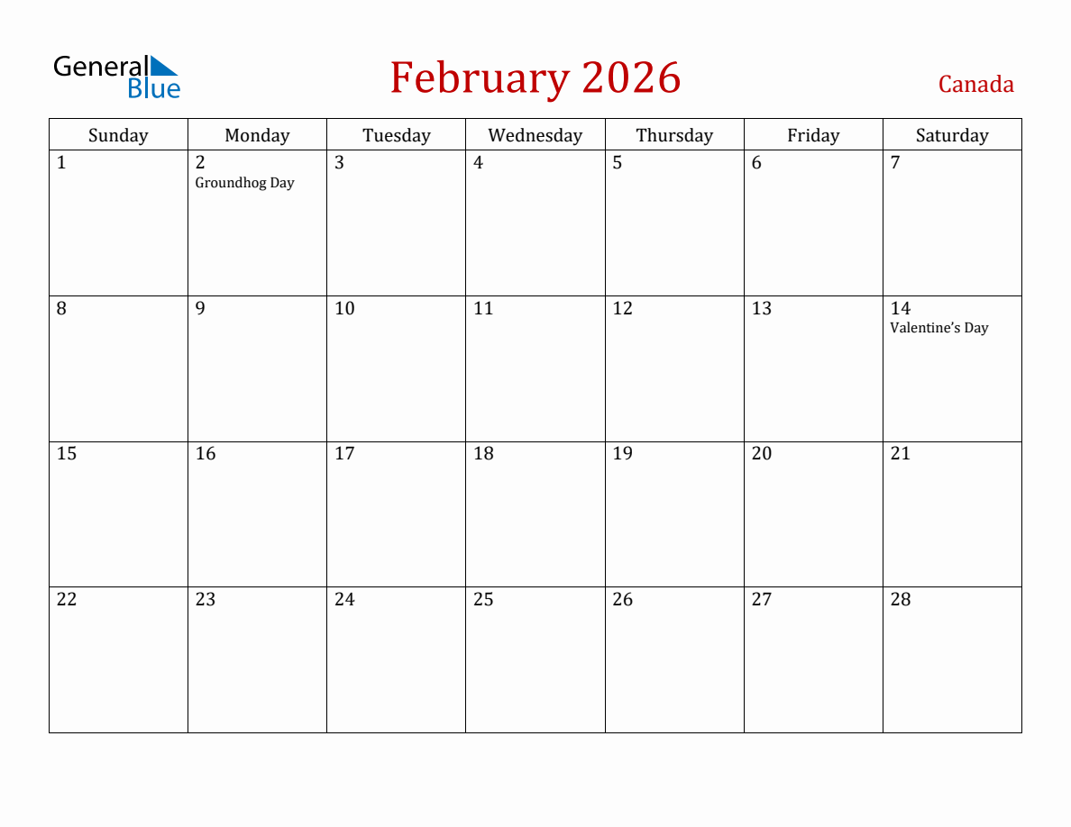 February 2026 Canada Monthly Calendar with Holidays