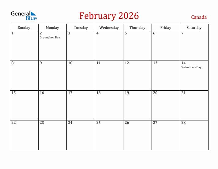 Canada February 2026 Calendar - Sunday Start