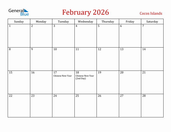 Cocos Islands February 2026 Calendar - Sunday Start