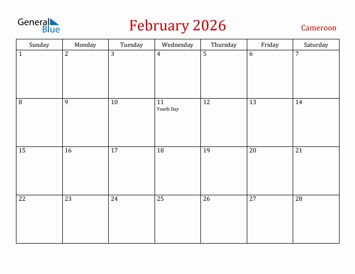 Cameroon February 2026 Calendar - Sunday Start
