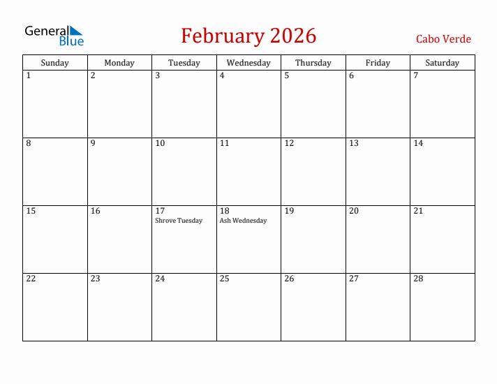 Cabo Verde February 2026 Calendar - Sunday Start