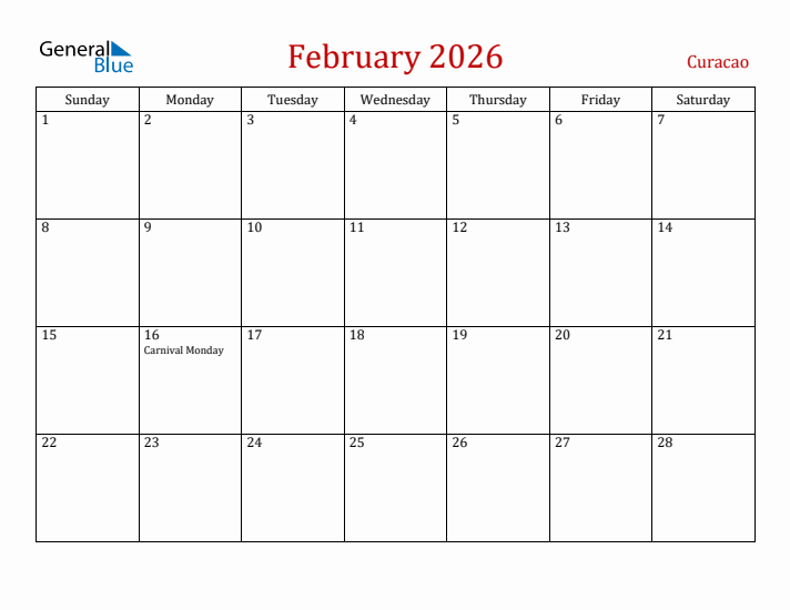 Curacao February 2026 Calendar - Sunday Start