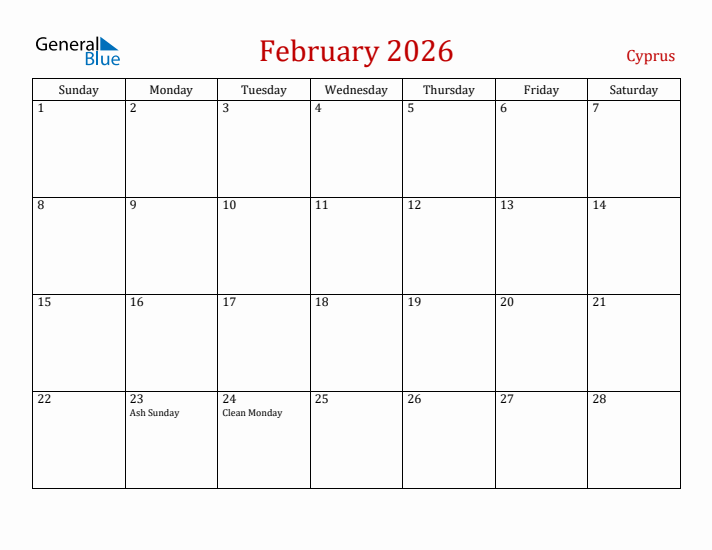 Cyprus February 2026 Calendar - Sunday Start
