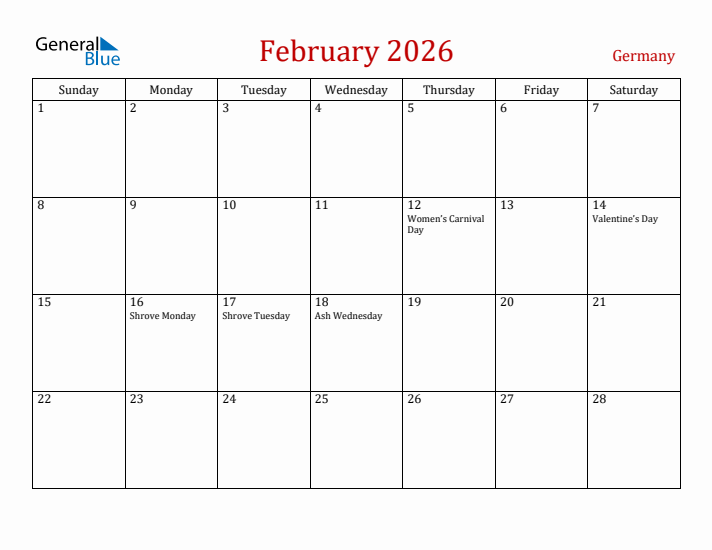 Germany February 2026 Calendar - Sunday Start