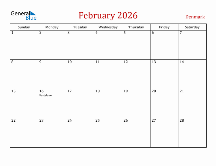 Denmark February 2026 Calendar - Sunday Start