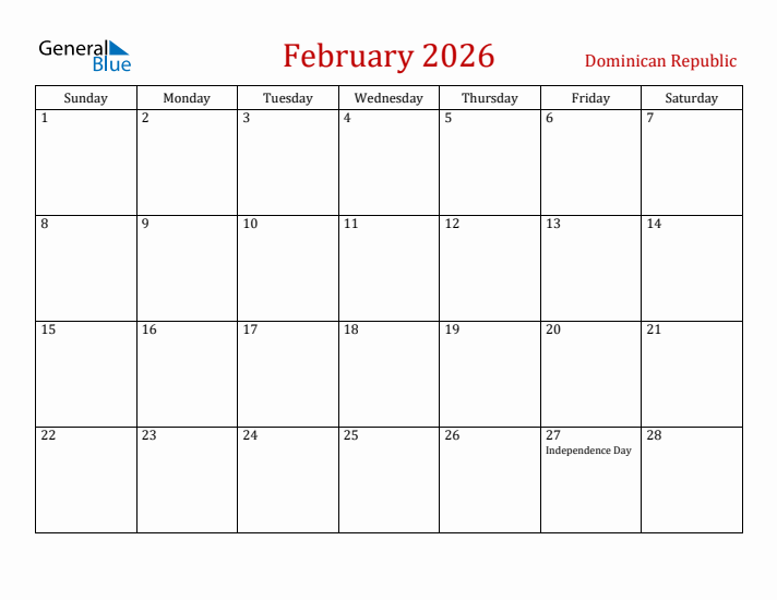 Dominican Republic February 2026 Calendar - Sunday Start