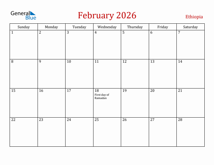 Ethiopia February 2026 Calendar - Sunday Start