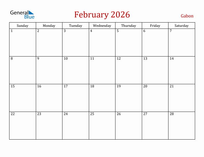 Gabon February 2026 Calendar - Sunday Start