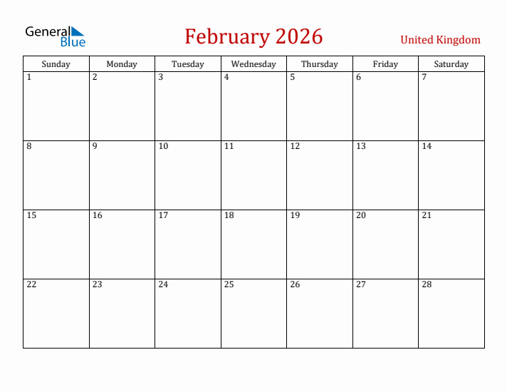 United Kingdom February 2026 Calendar - Sunday Start