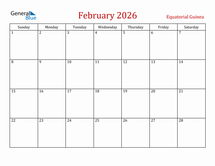 Equatorial Guinea February 2026 Calendar - Sunday Start
