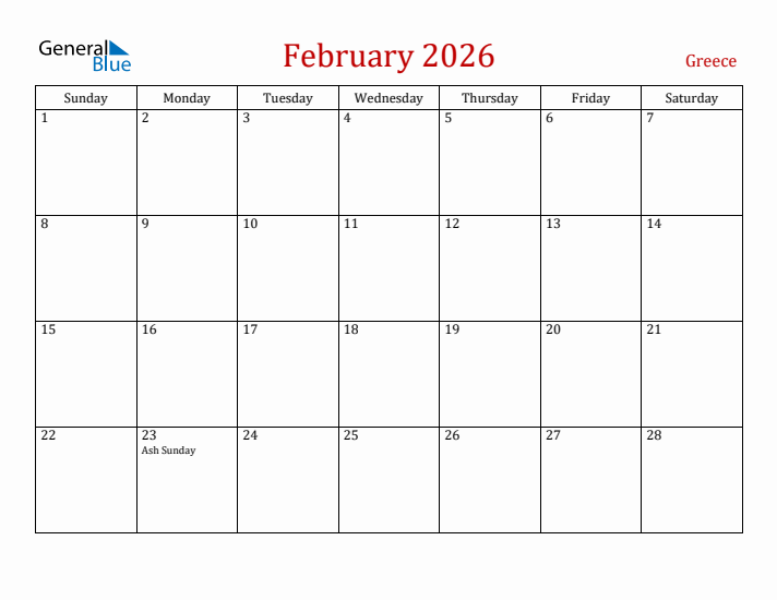 Greece February 2026 Calendar - Sunday Start